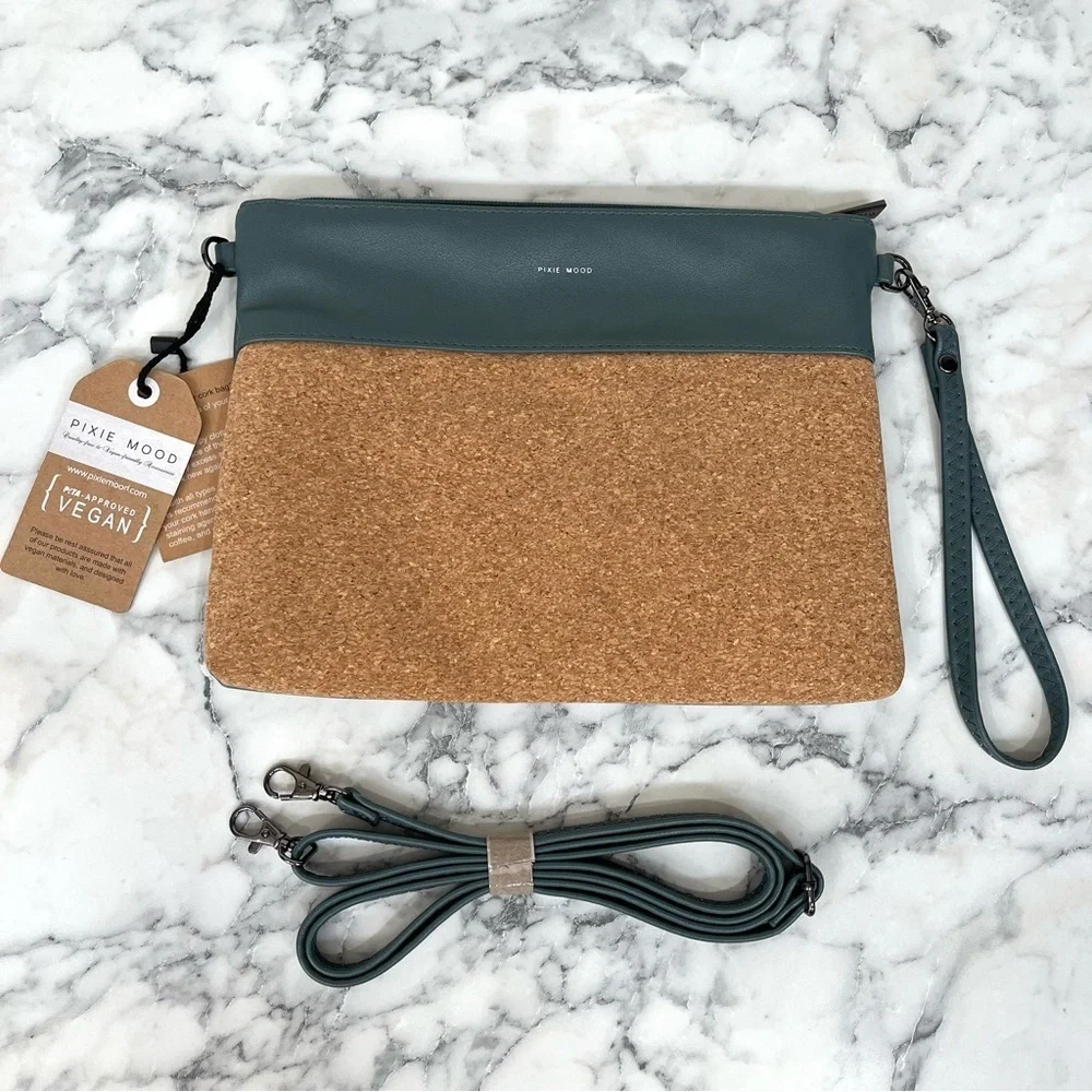 Pixie Mood Nicole Wristlet Crossbody Bag Vegan Leather Cork PETA Approved Gray